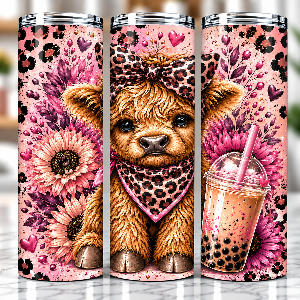 Leopard Bow Highland Cow Tumbler