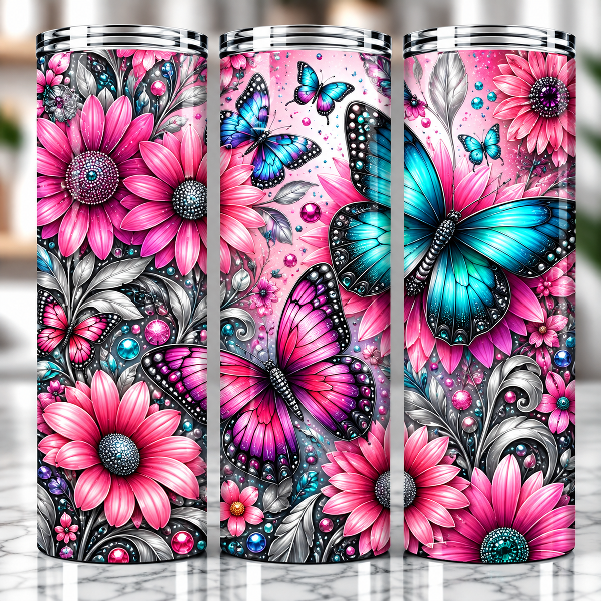 Pink Daisy Butterfly Tumbler